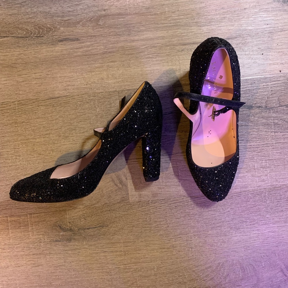 kate spade black glitter block heels